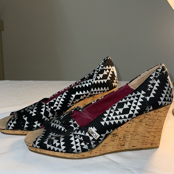 Toms Shoes - New Toms heels size 9.5, black/silver pattern and cork heel